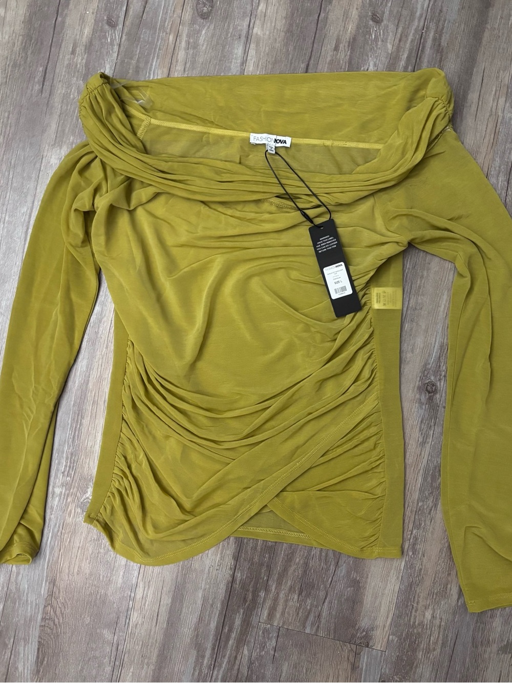 FASHION NOVA Olive Green Off-Shoulder Ruched Long Sleeve Top
